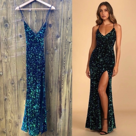 Green Iridescent Sequin Velvet Backless Maxi Dress 🌿 - Picture 2 of 13